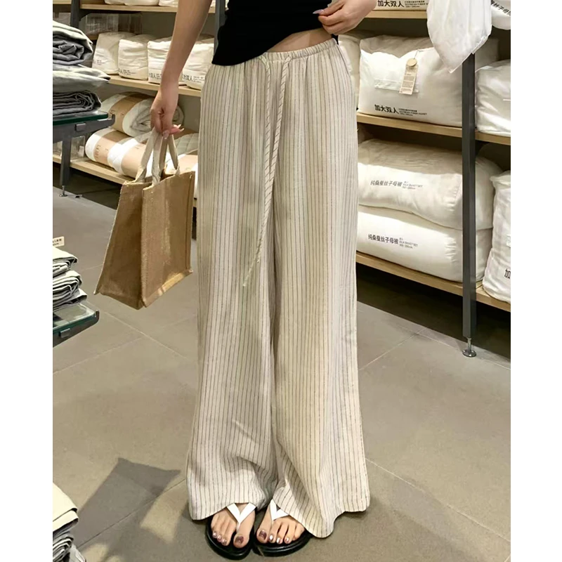 日风亚麻条纹裤子女夏季薄款2025新高腰垂感休闲风棉麻外出阔腿裤