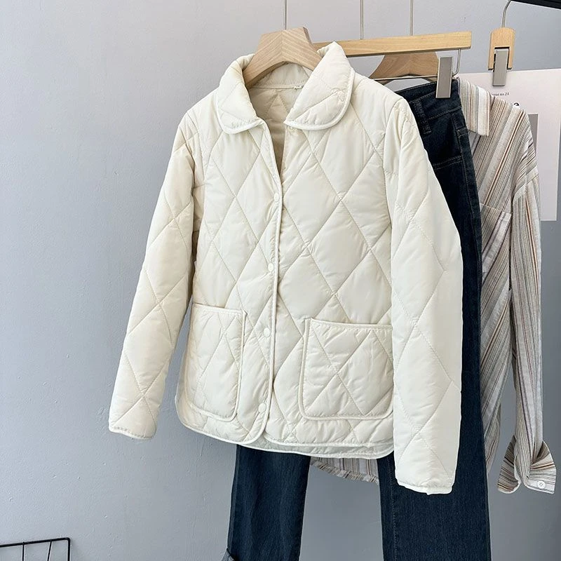 女士翻领棉服2025短款菱形格薄款夹棉秋冬外套棉衣8268