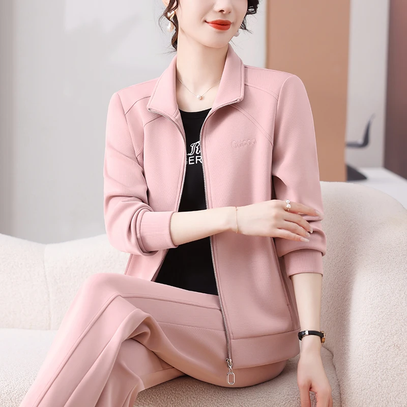 时尚高级翻领运动套装女春秋减龄开衫卫衣2025新款跑步休闲三件套