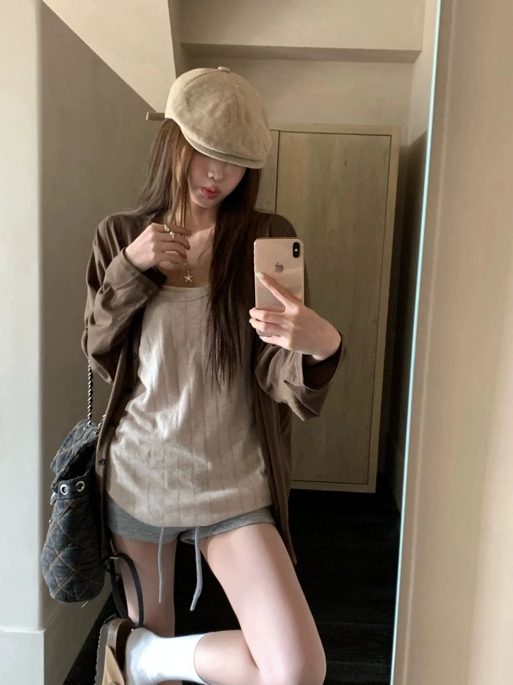 复古咖色慵懒风薄款长袖防晒开衫外套女夏季内搭背心两件套6054