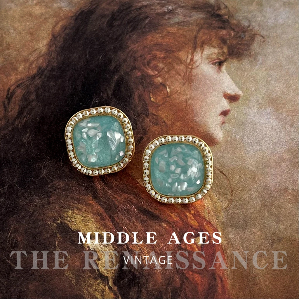 铜贝壳项链 vintage轻中古风碎贝壳耳钉复古宫廷风蓝色方形耳环高