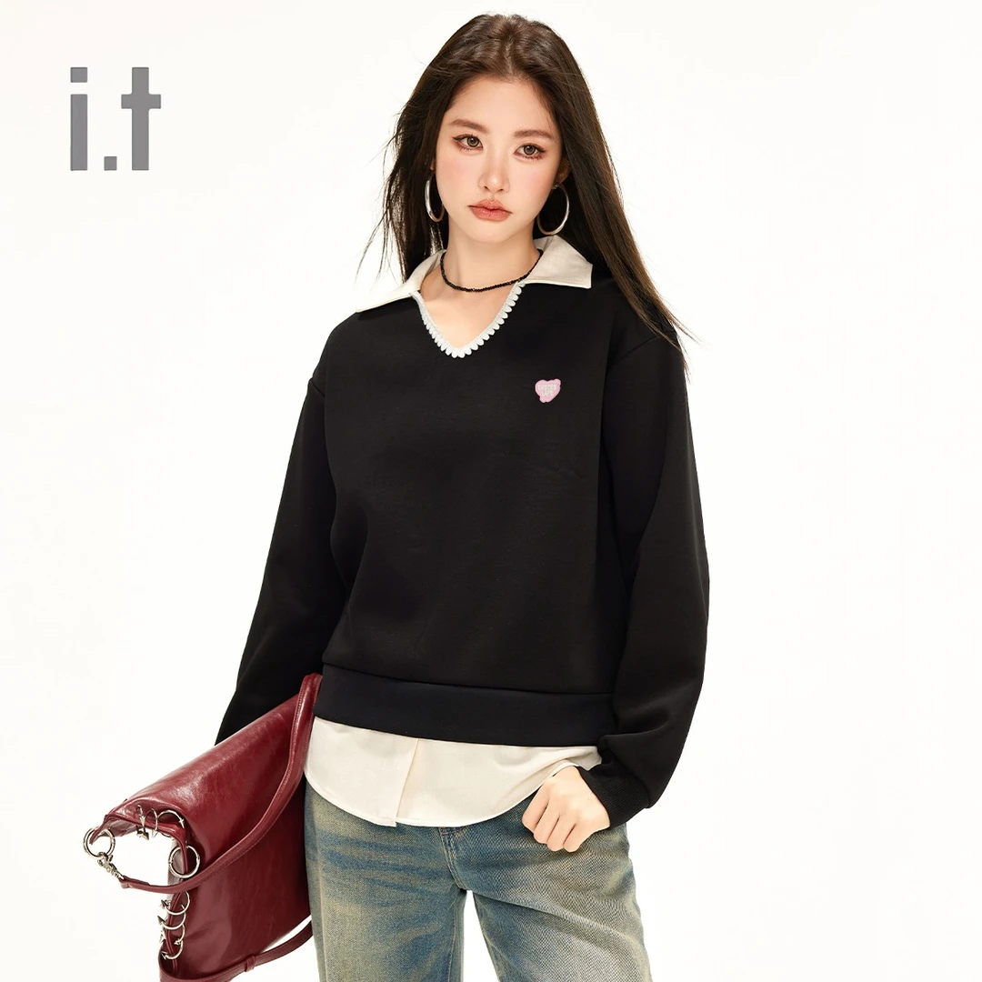 CHOCOOLATE【假两件】撞色翻领长袖卫衣春季新款女上衣