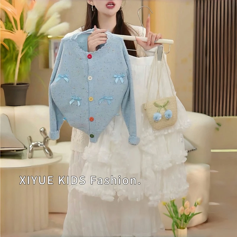 女童韩版套装蝴蝶结毛衣半身裙2025春款开衫针织衫蛋糕纱裙两件套