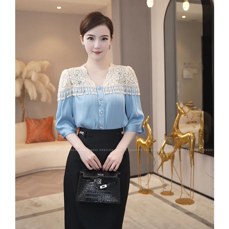 现货2025夏季新款【LT-1051】小众气质V领蕾丝拼接蓝色短袖衬衫上衣