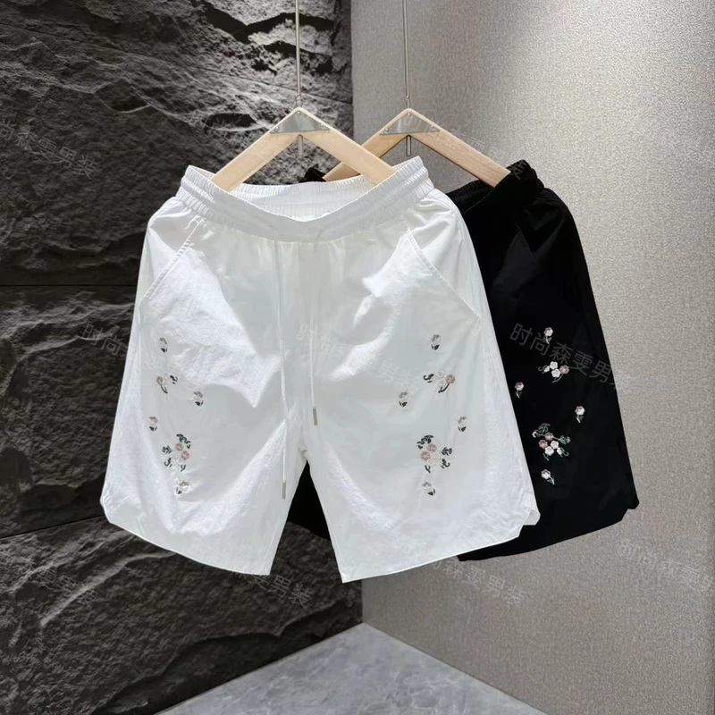 2025夏季新款百搭男士简约短裤清新淡雅刺绣沙滩裤时尚潮流五分裤