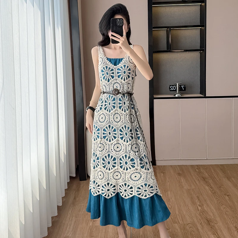 针织镂空叠穿吊带裙两件套女2025夏季新款罩衫收腰裙百搭叠穿长裙