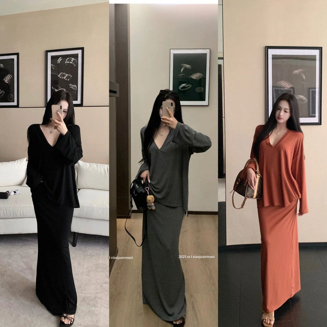氛围感慵懒风大V领宽松T恤上衣高腰包臀半身长裙两件套装休闲时尚