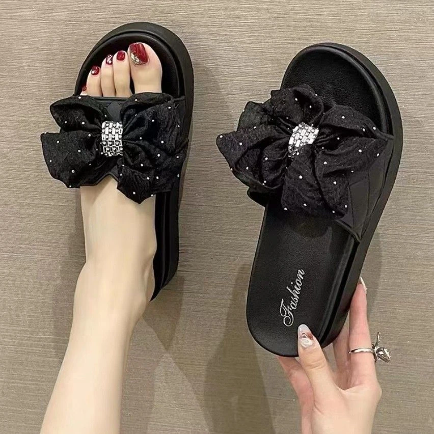 浴室家居凉拖厚底新款拖鞋女夏外穿高颜值珍珠蝴蝶结显高防滑软底