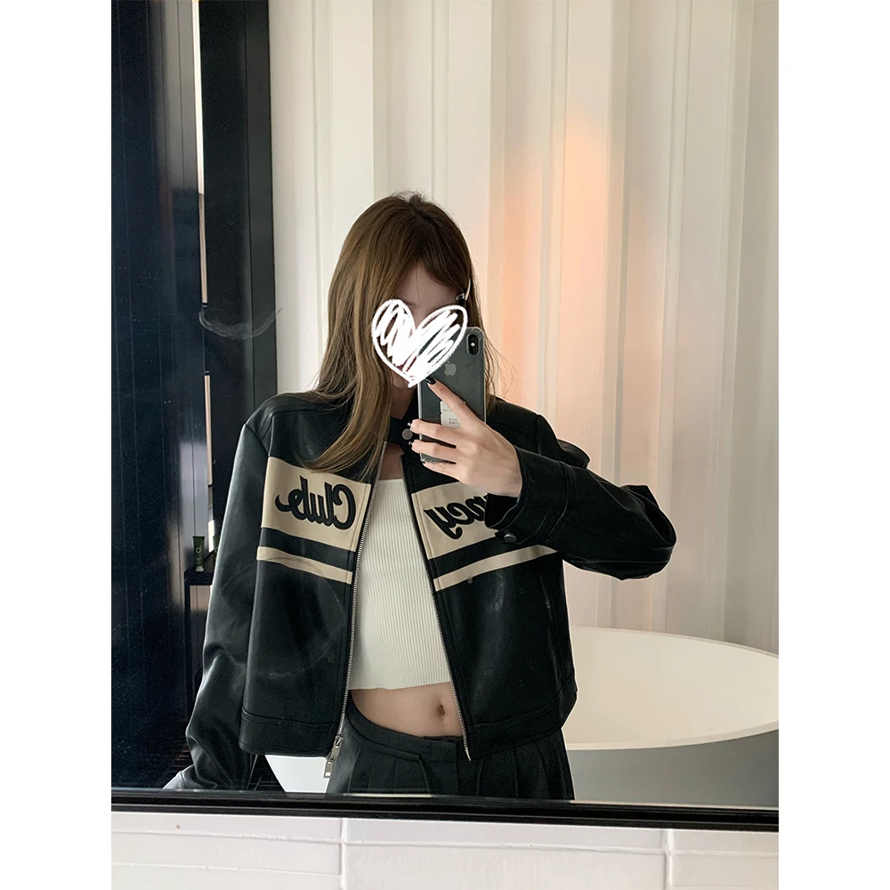 【冷翠曼特】黑色复古机车皮衣外套女秋百搭休闲皮夹克上衣22102#