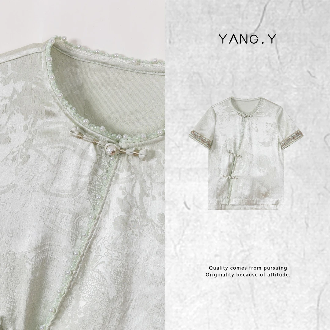 YANG.Y- 【云瑞】深圳原创新中式国风女桑蚕丝薄荷绿25ss短袖50211