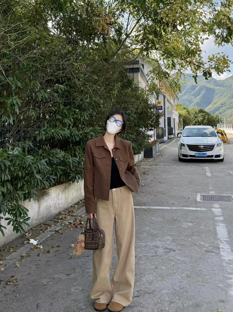 韩系翻领纯色长袖短外套女装秋季新款气质高级感高腰气质百搭裤子