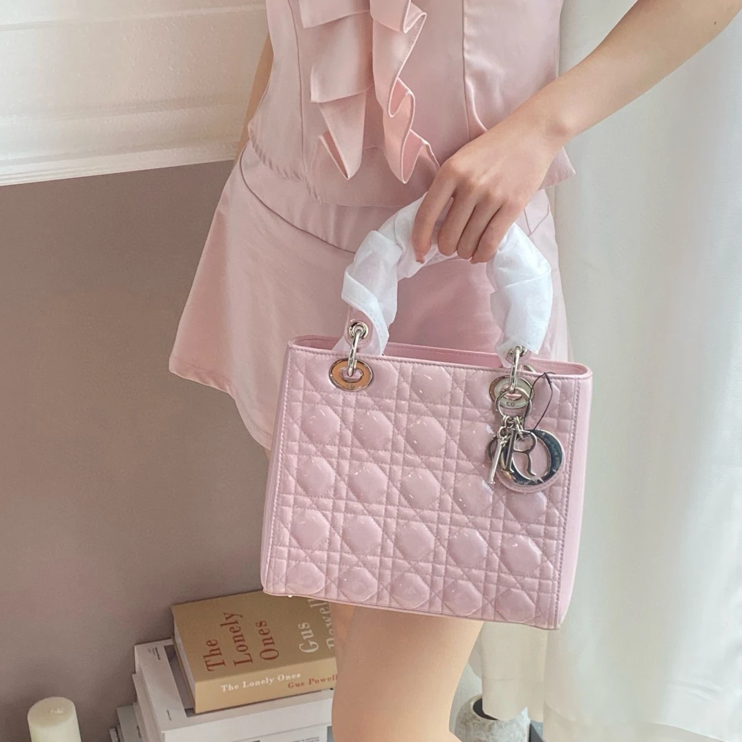 95新 DIOR/迪奥 dior樱花粉五格戴妃手提斜挎包