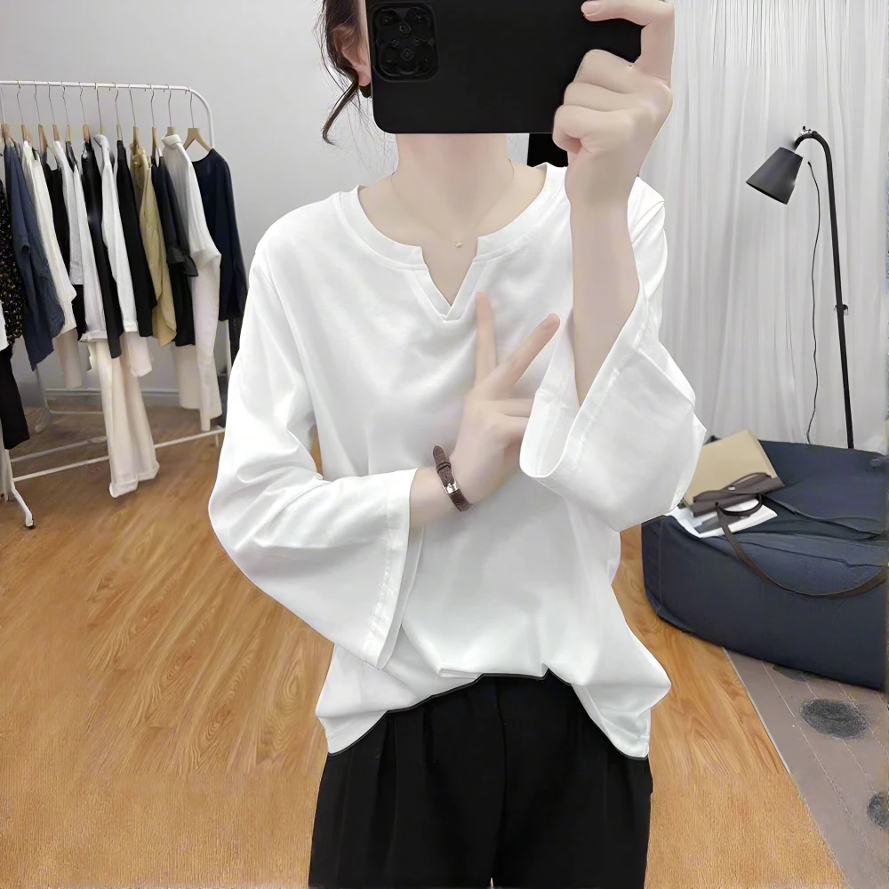 春夏时尚小V领纯棉七分袖T恤女式减龄上衣2025新款设计感宽松体恤