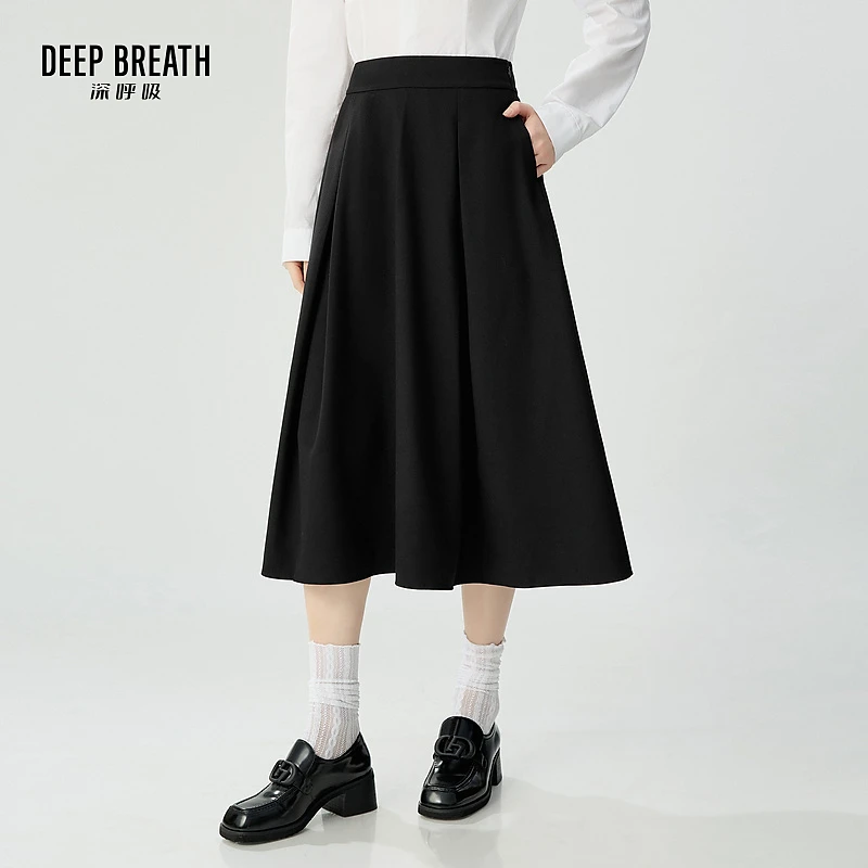 DEEP BREATH深呼吸新款时尚绵羊毛压褶伞裙中长款极简半裙A200328