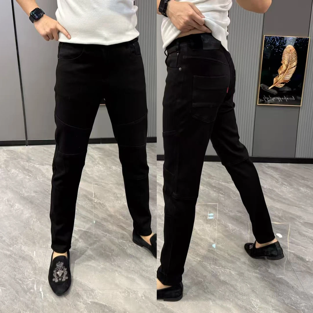 男裤2025冬季新款牛仔裤男款潮流拼接黑色小直筒裤高品质时尚百搭