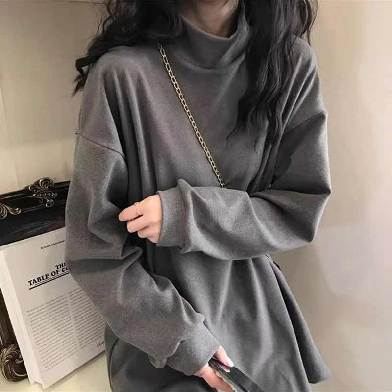 双面德绒磨毛半高领打底衫女秋冬宽松内搭可外穿上衣保暖长袖T恤