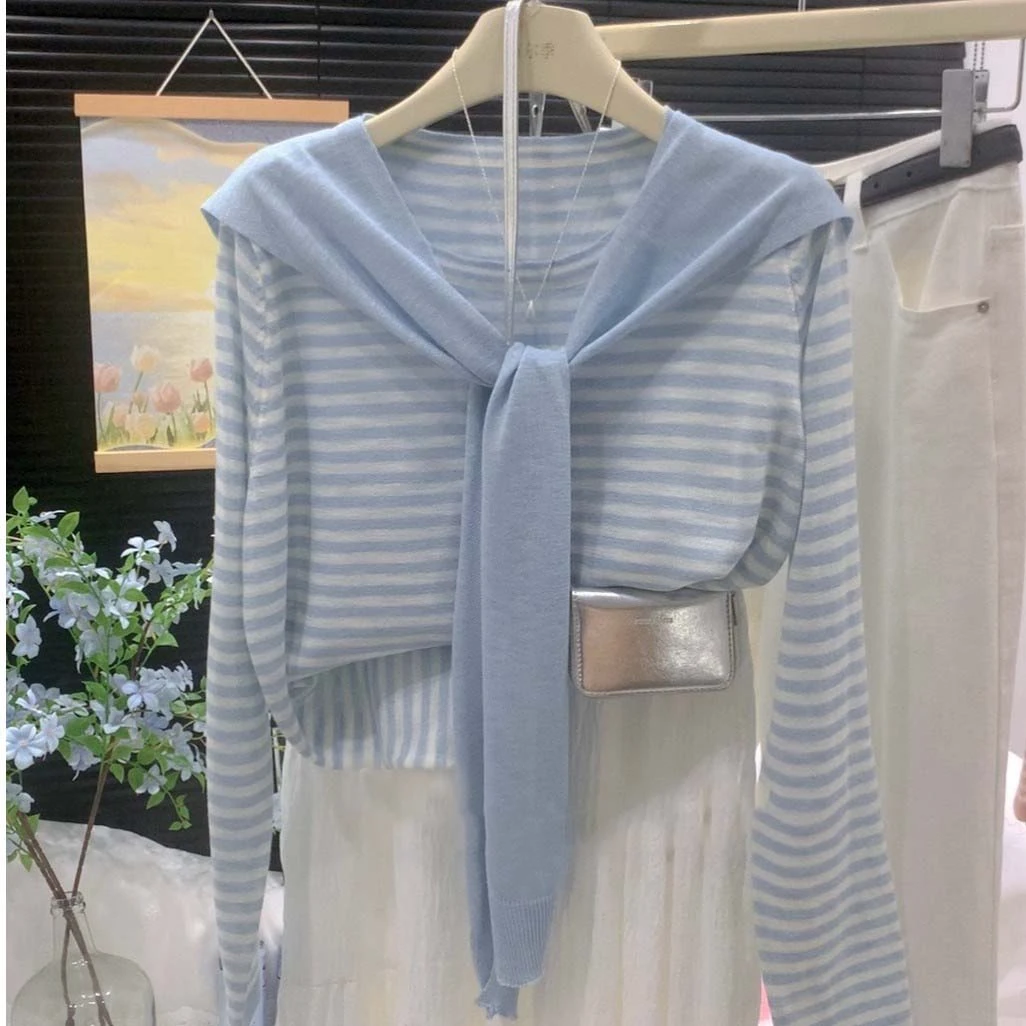 2025年夏季新款今年流行超好看条纹披肩防晒上衣女时尚针织T恤衫