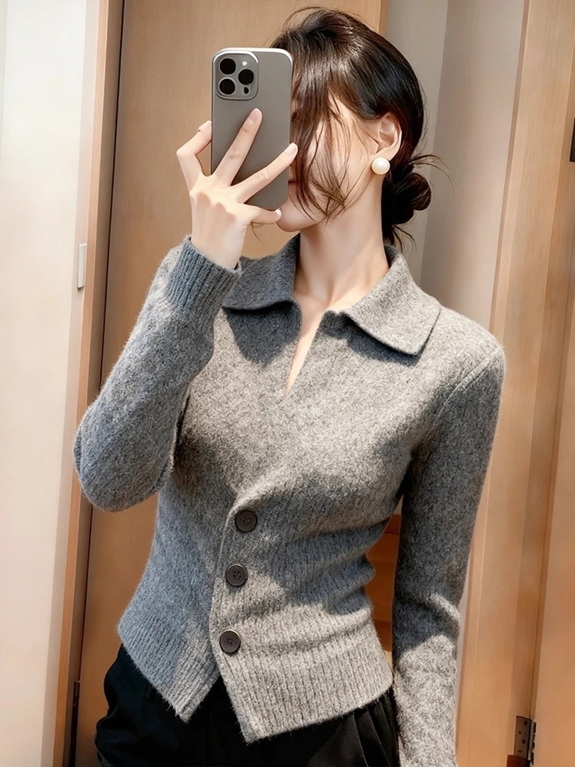 SS3380松弛感翻领灰色毛衣秋冬新款修身显瘦百搭高级感针织衫上衣