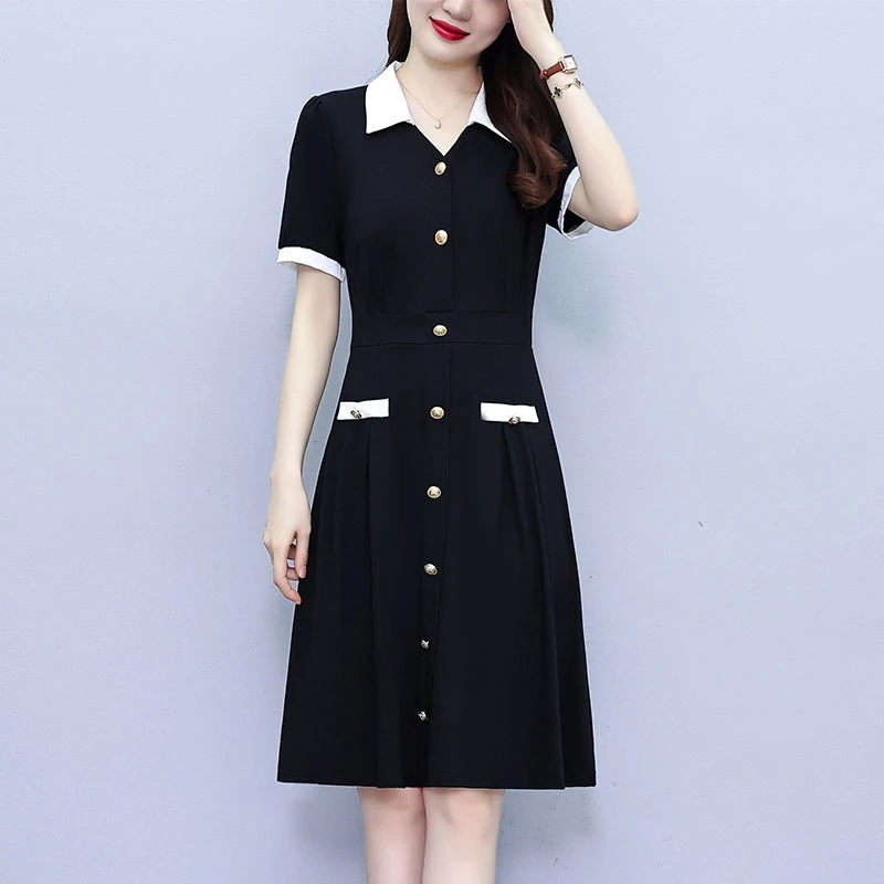 大码女装胖mm遮肚连衣裙女夏季新款时尚修身显瘦中长款气质小黑裙