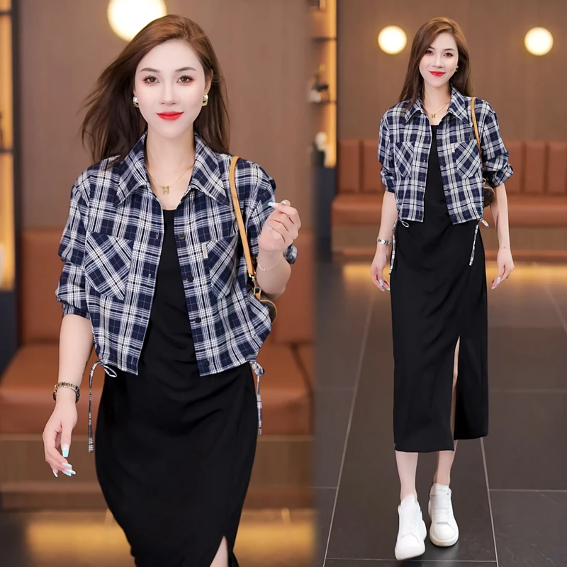 【有间】 时尚衬衫连衣裙套装女秋季新款短款格子外套吊带裙两件套