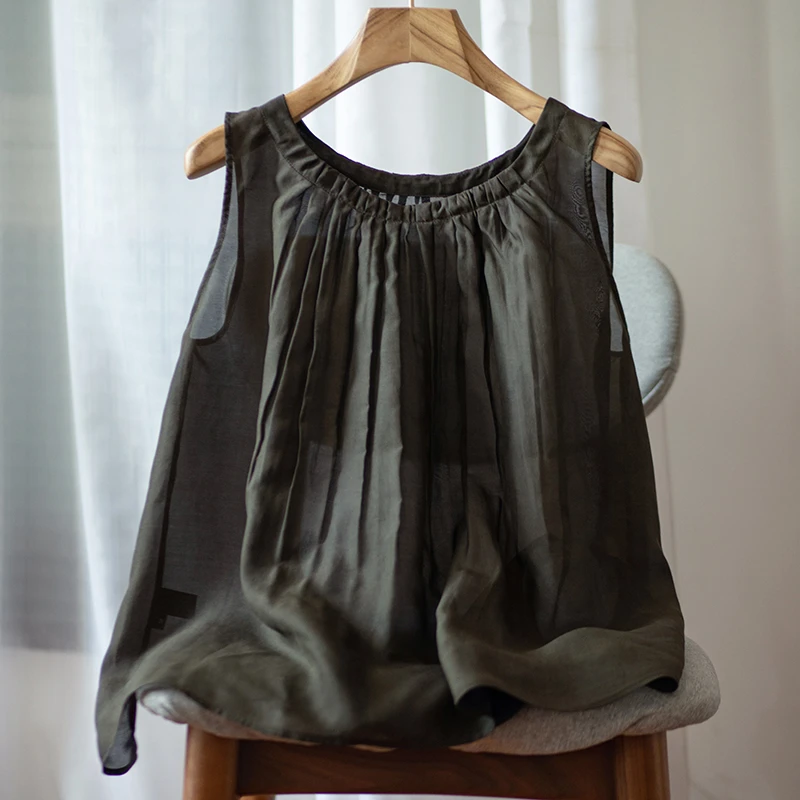 youyuansu/幽元素原创女装显瘦时尚百搭夏季复古宽松无袖褶皱上衣