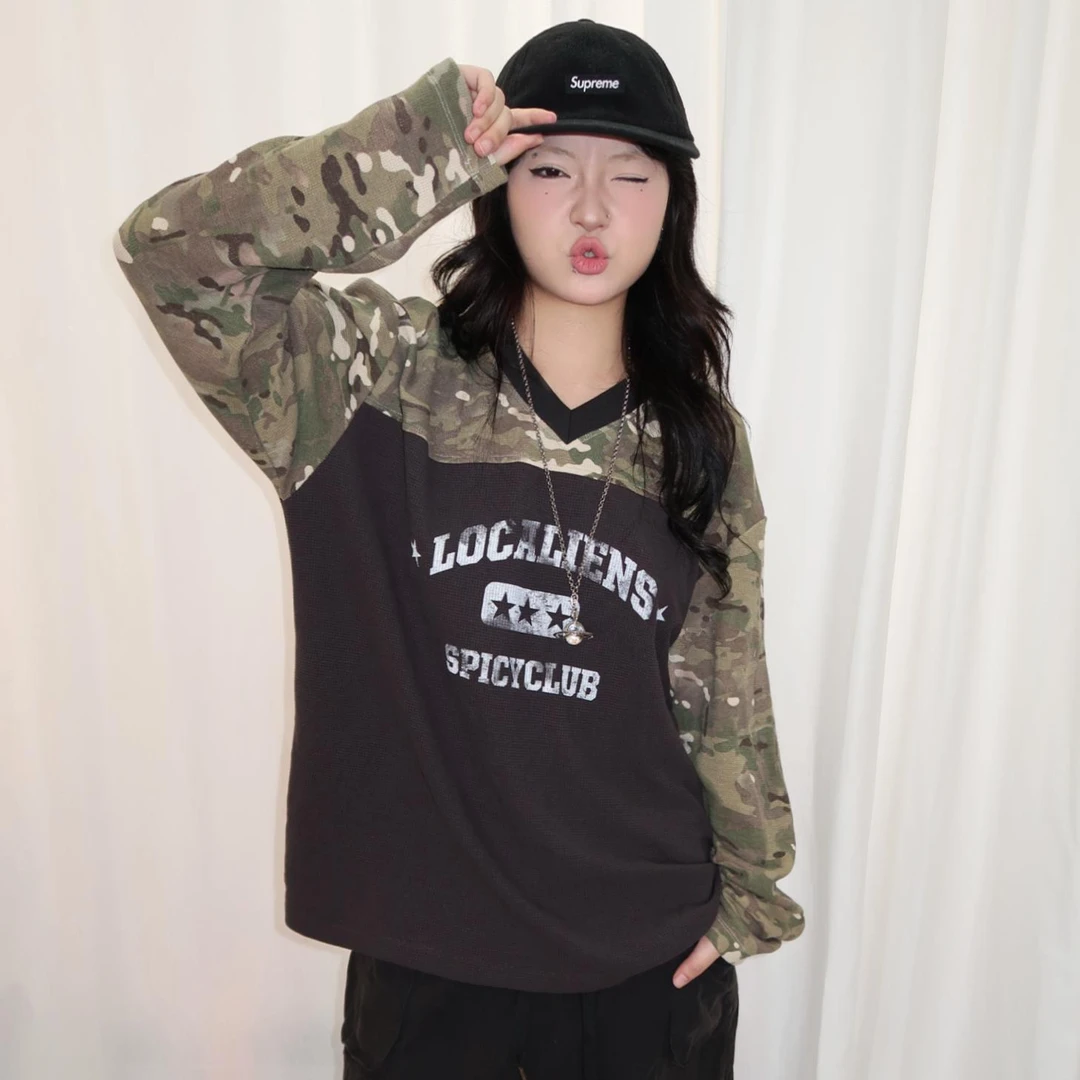 local aliens外星沙龙美式复古拼接迷彩印花华夫格长袖T恤球衣