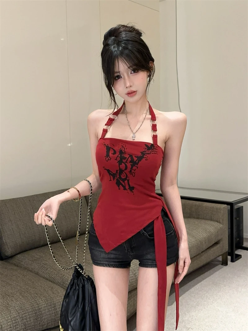 2025夏季新款美式印花辣妹挂脖露背吊带背心高腰百搭牛仔短裤套装