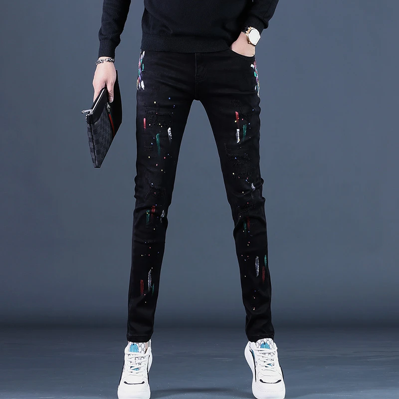 2025秋冬季印花破洞紧身弹力黑色牛仔裤男士修身小脚休闲长裤子男