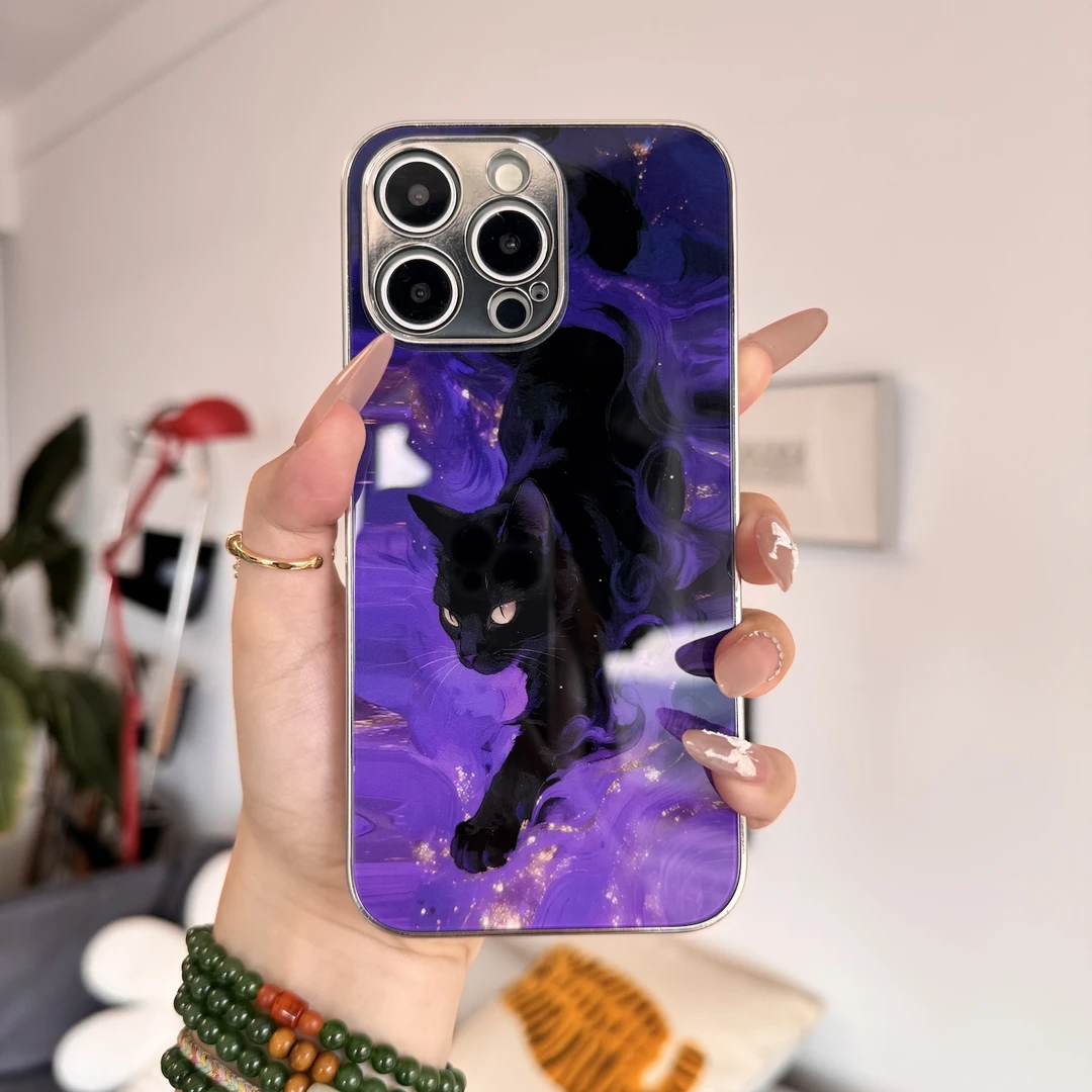 发财黑猫【电镀玻璃】适用于苹果/华为/vivo/oppo/小米防摔手机壳