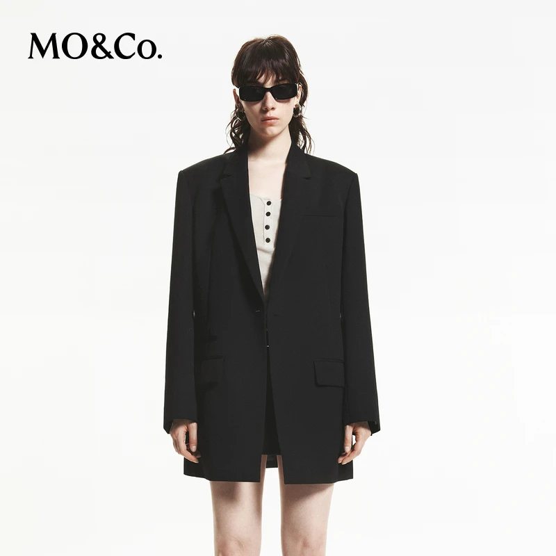 MOCO秋绵羊毛精纺中长款垫肩H廓形西装外套MBD3BLA002