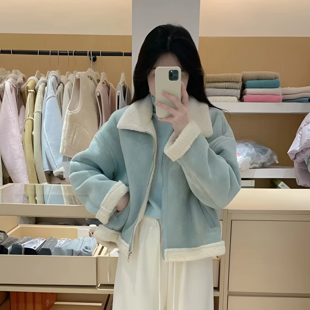 蓝色小个子羊羔毛外套女短款2024冬季新款加厚減龄设计感皮毛一体