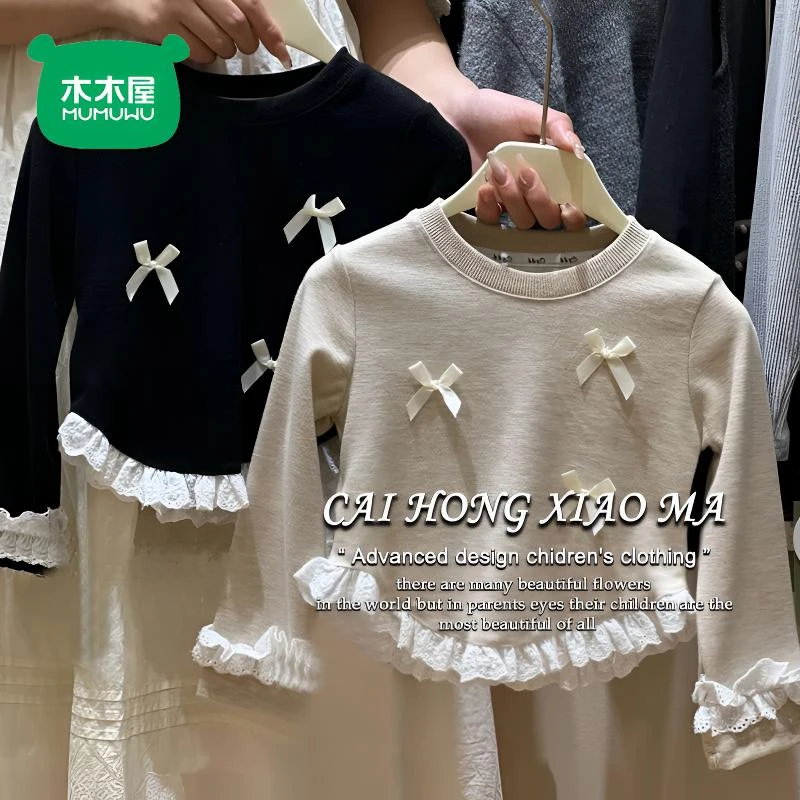 木木屋女童洋气上衣秋装新款洋气韩版蝴蝶结长袖蕾丝花边拼接T恤