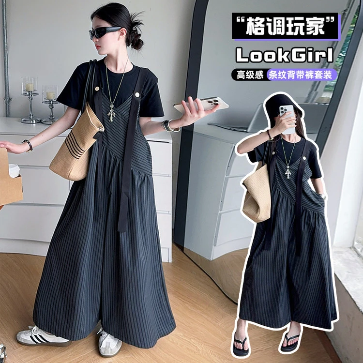 女童夏季条纹背带裤套装2025新款女孩韩版休闲时尚短袖上衣两件套