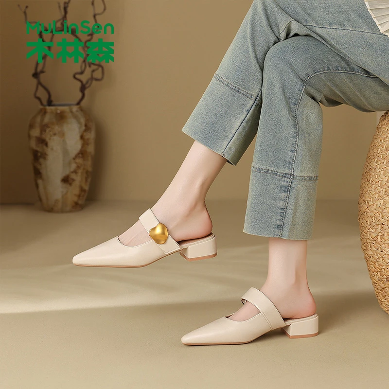 木林森包头半拖鞋女2025新款夏季法式尖头粗跟玛丽珍凉拖鞋单鞋