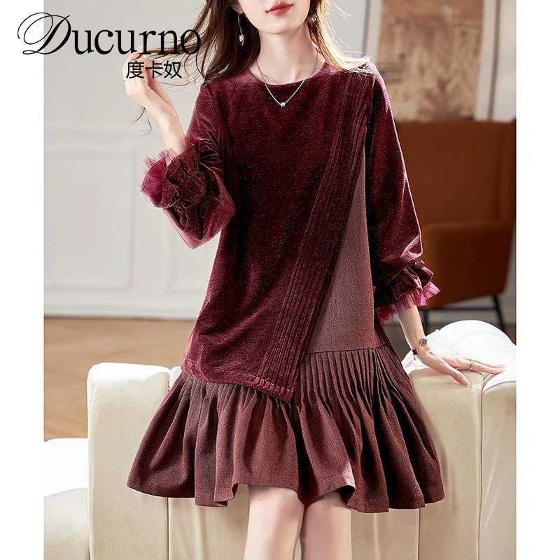 度卡奴圆领拼接红色亮丝连衣裙秋季气质优雅显瘦长袖休闲裙高腰