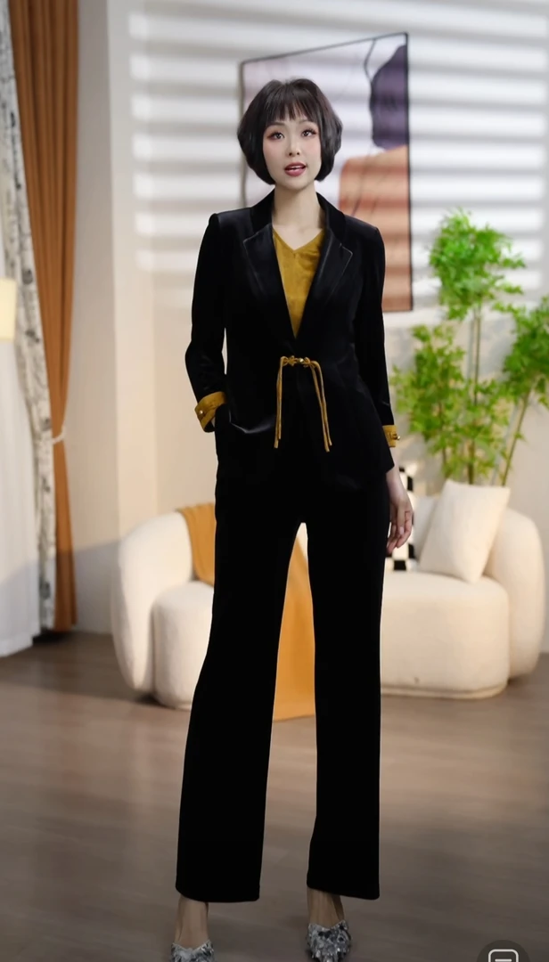 T238春秋时尚气质V领背心西装外套直筒裤丝绒三件套套裤DM4