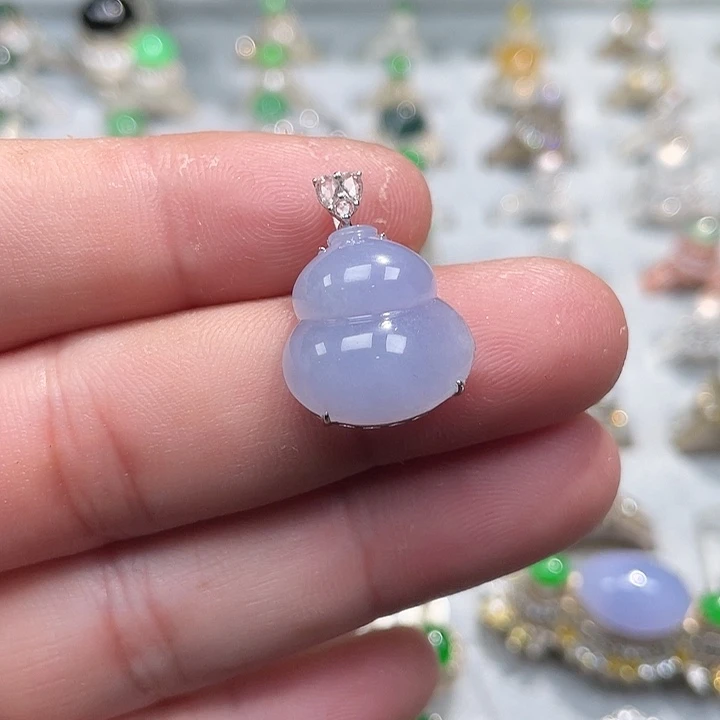 翡翠裸石18K白蓝宝冰紫葫芦吊坠