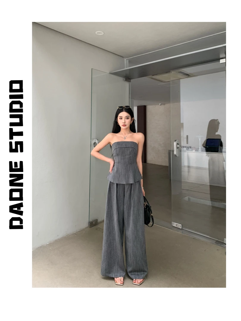 DAONE夏季通勤气质小众无袖显瘦抹胸宽松高腰直筒阔腿套装