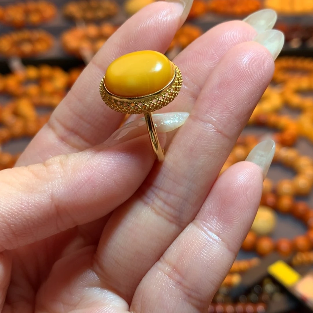 【闪购商品】银S925镀金镶嵌蜜蜡戒指蜜蜡戒指