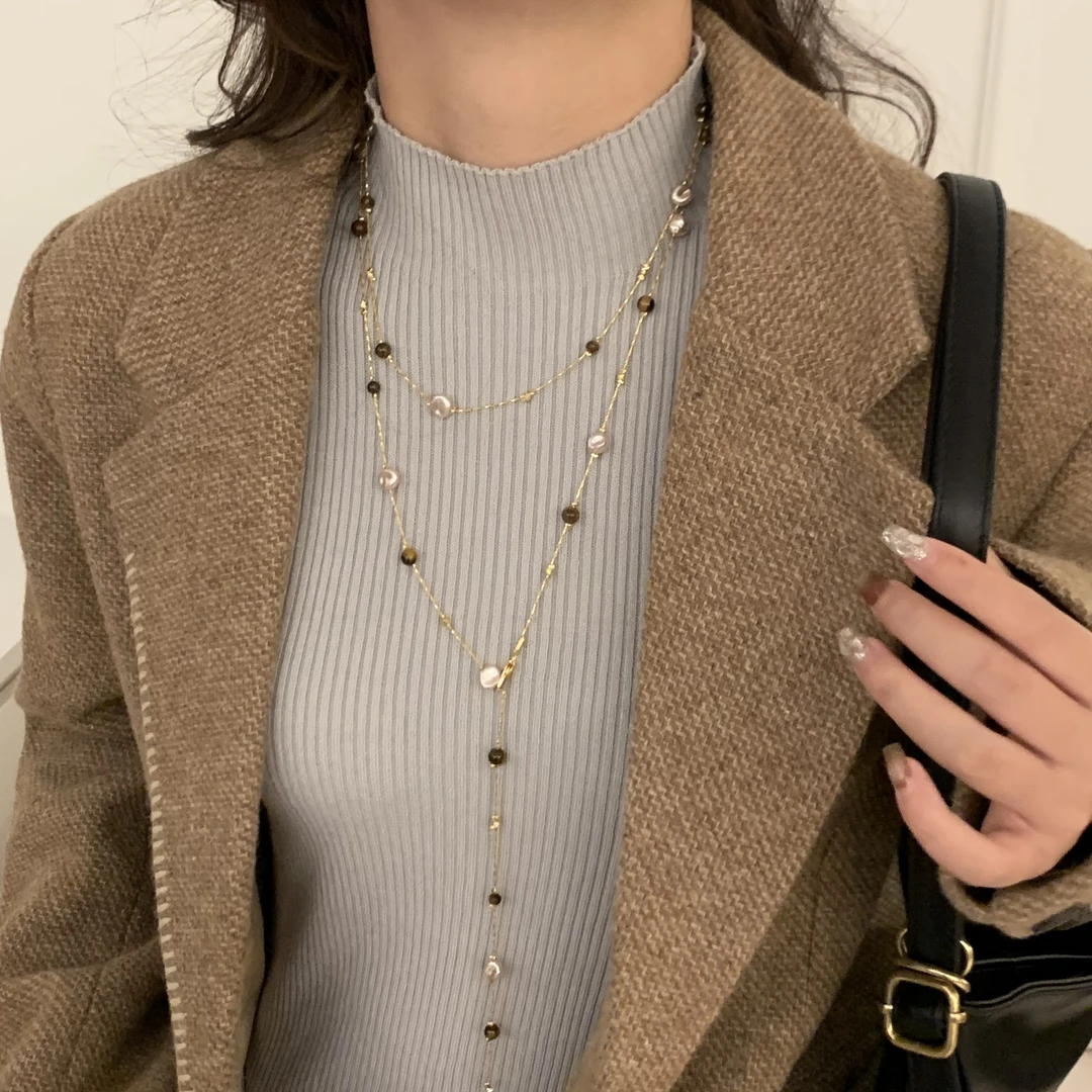 铜合金项链 美拉德虎眼石珍珠项链冬季2025百搭高级感长款毛衣链