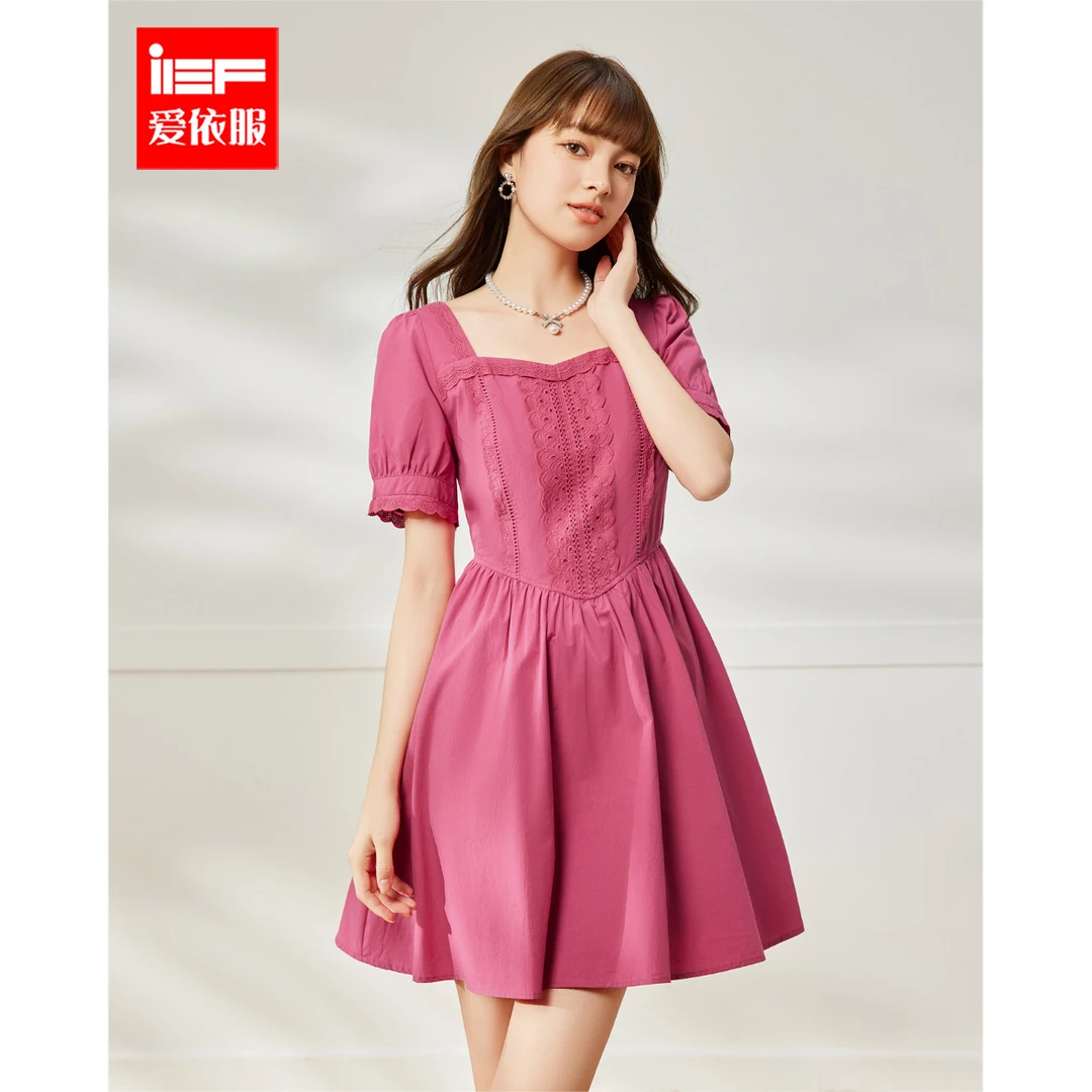 IEF/爱依服2025新款夏季蕾丝时尚法式泡泡袖收腰甜美连衣裙