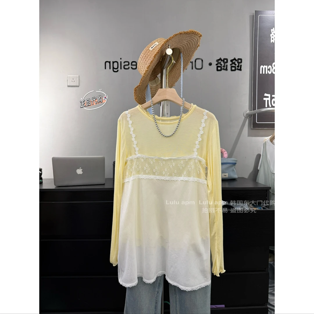 （candy小姐）韩系baby酱刺绣两件套上衣拼接蕾丝吊带罩衫套装C734