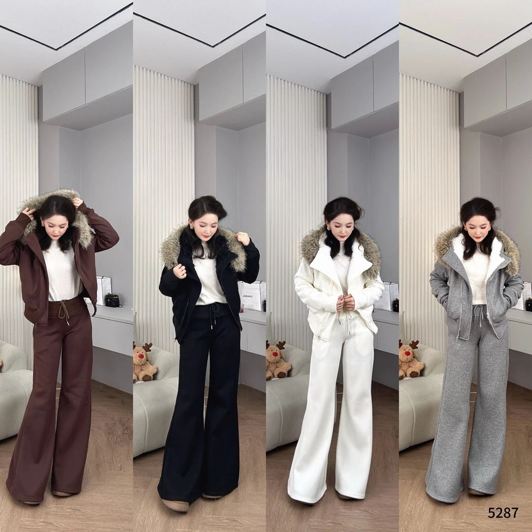 冬季新款复古连帽毛领拉链加绒短款卫衣套装YF5287