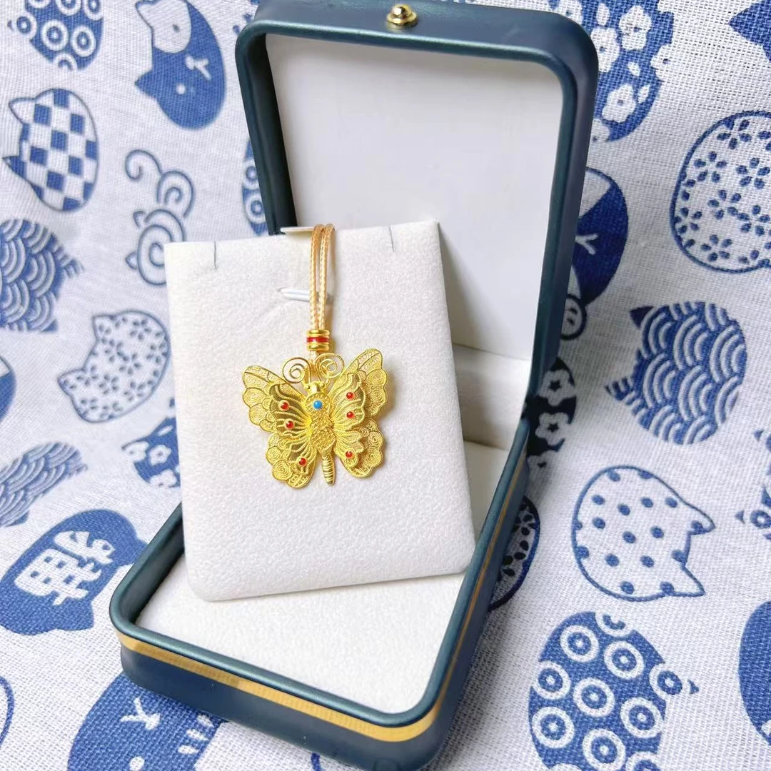 金御缘0工费古法足金999.9花丝蝴蝶吊坠时尚百搭复古编绳素款