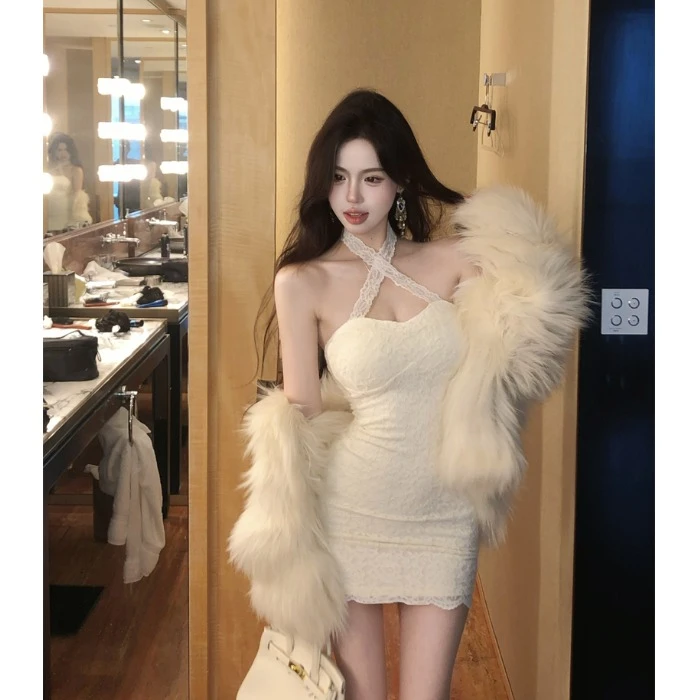 蕾丝挂脖抹胸连衣裙女春季辣妹性感内搭打底裙子收腰紧身包臀短裙