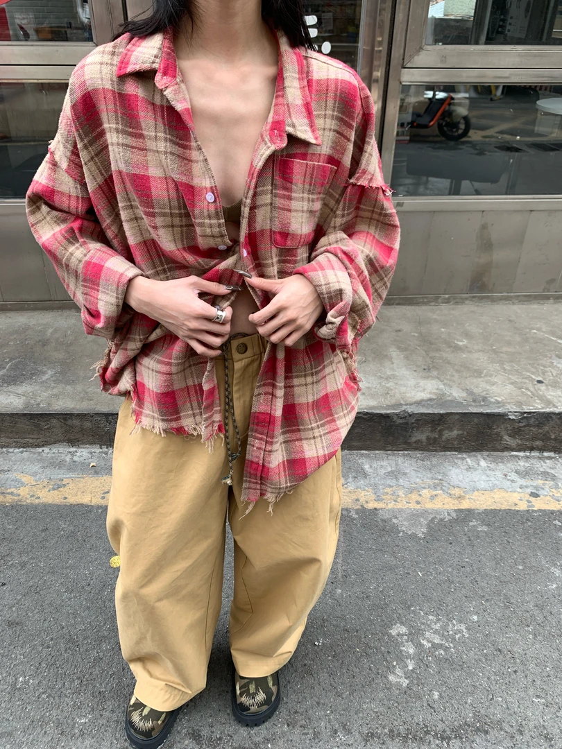 【618现货5折】新款复古百搭宽松格子衬衫休闲显瘦薄外套女 0513