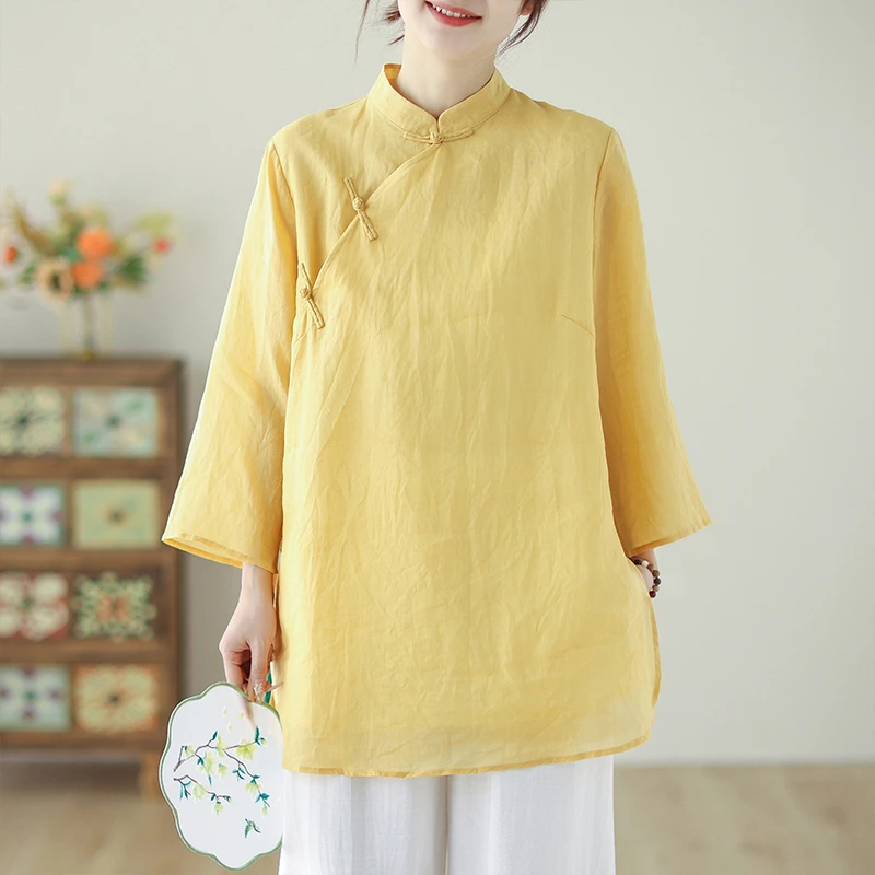 新款棉麻有内衬文艺复古斜襟盘扣细腻七分袖衬衫纯色女装中长上衣