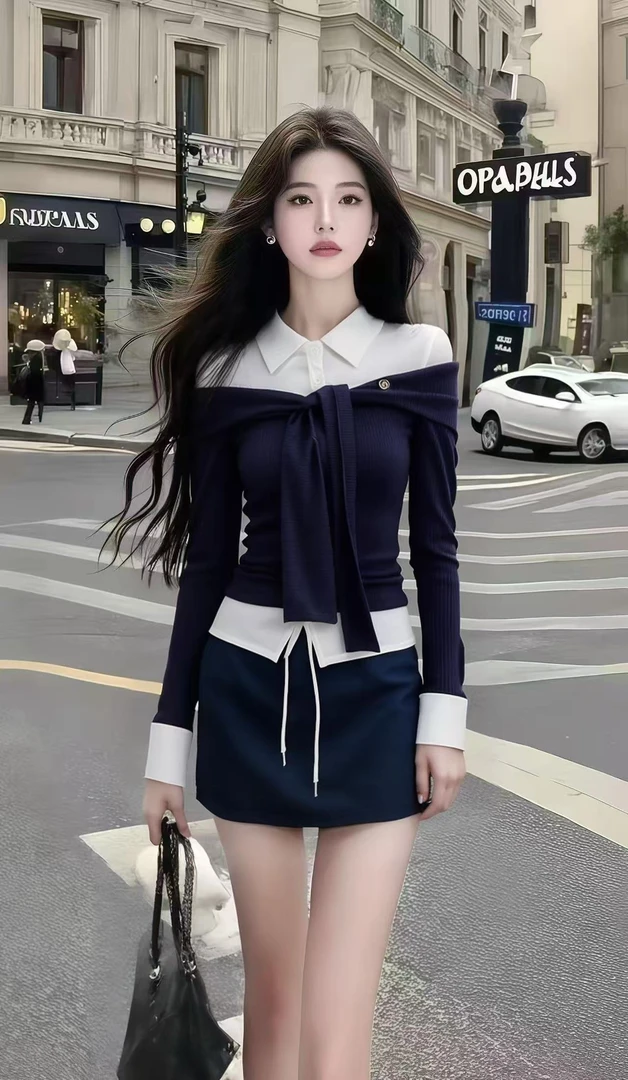 秋季时尚高级氛围感设计感拼接翻领长袖小众上衣+藏青色包臀半裙