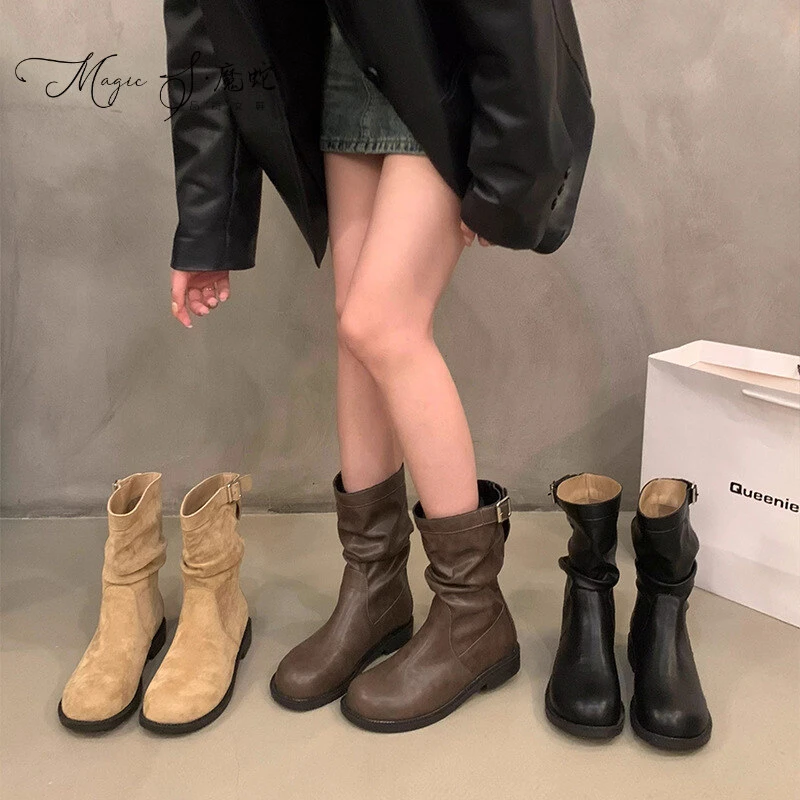 【万达撤柜】粗跟复古中筒靴女款骑士靴女鞋秋冬堆堆靴小短靴马丁靴
