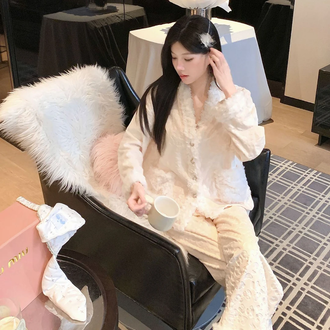 豹纹海岛绒睡衣女秋冬季加绒加厚保暖长袖可外穿家居服套装